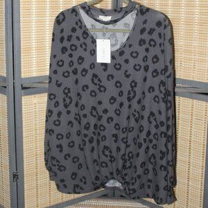 Como Blue Front Keyhole Gray with Black Cheetah Print Spots Sweater